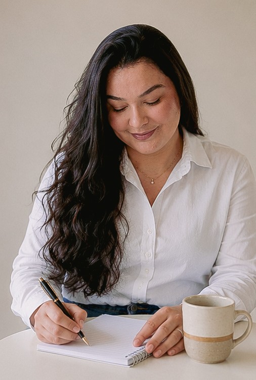 Ana Paula escrevendo em um caderno durante seu trabalho clínico